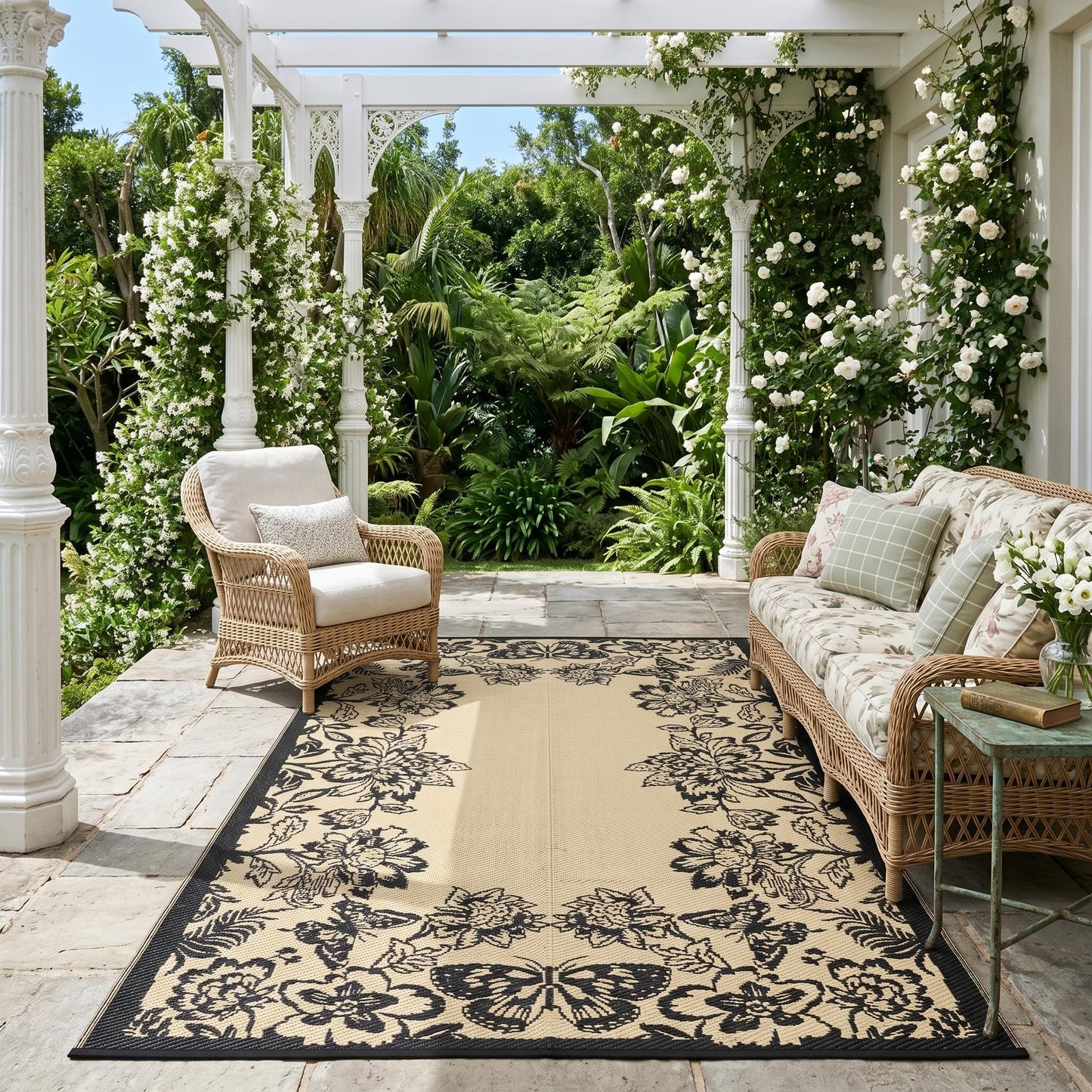Garvee 5’x8’ Waterproof Patio Outdoor Rug, Outdoor Plastic Straw Rug for Camping, RV Mat Outside, Indoor Outdoor Carpet for Porch, Deck, Backyard, Balcony, Picnic, Black & Brown
