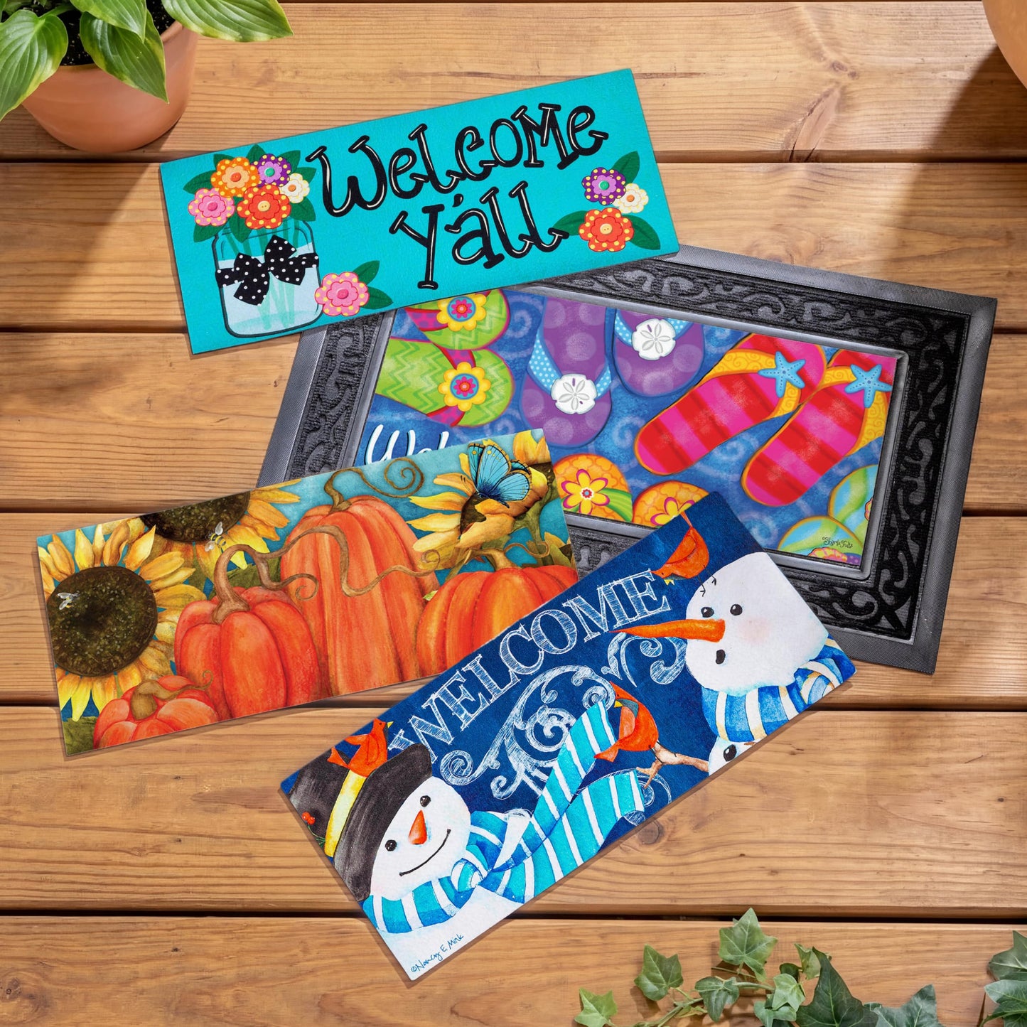 Evergreen Sassafras Doormat Insert Bundle & Tray Set of 5, Spring Summer Fall Winter Interchangeable Entrance Door mats Indoor and Outdoor Welcome Mat 30 x 18 Tray Non Slip Backing Low Profile