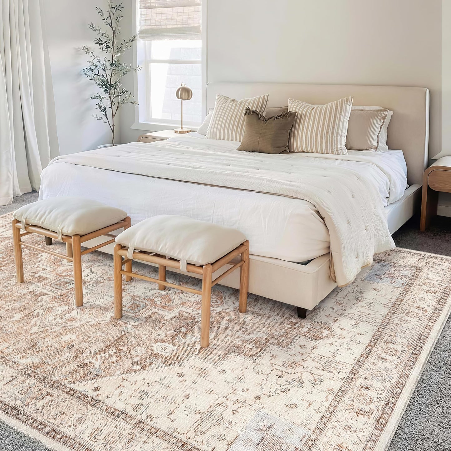 BILEEHOME Boho Neutral Living Room Rug 5x7,Washable Vintage Rustic Earth Tone Modern Farmhouse Persian Area Rugs for Dining Room Bedroom, Light Tan Brown Beige with Rust Terracotta Pattern