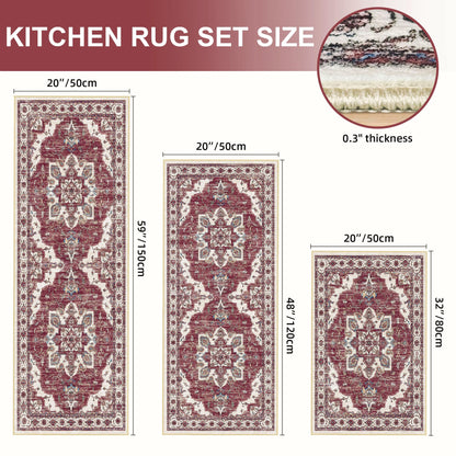 Tritard Non Slip Kitchen Rugs Sets of 3 Washable Kitchen Rug Boho Kitchen Mats for Floor Soft Kitchen Runner Rug Non Skid Kitchen Floor Carpet for Entryway Hallway Laundry Room, Brick Red