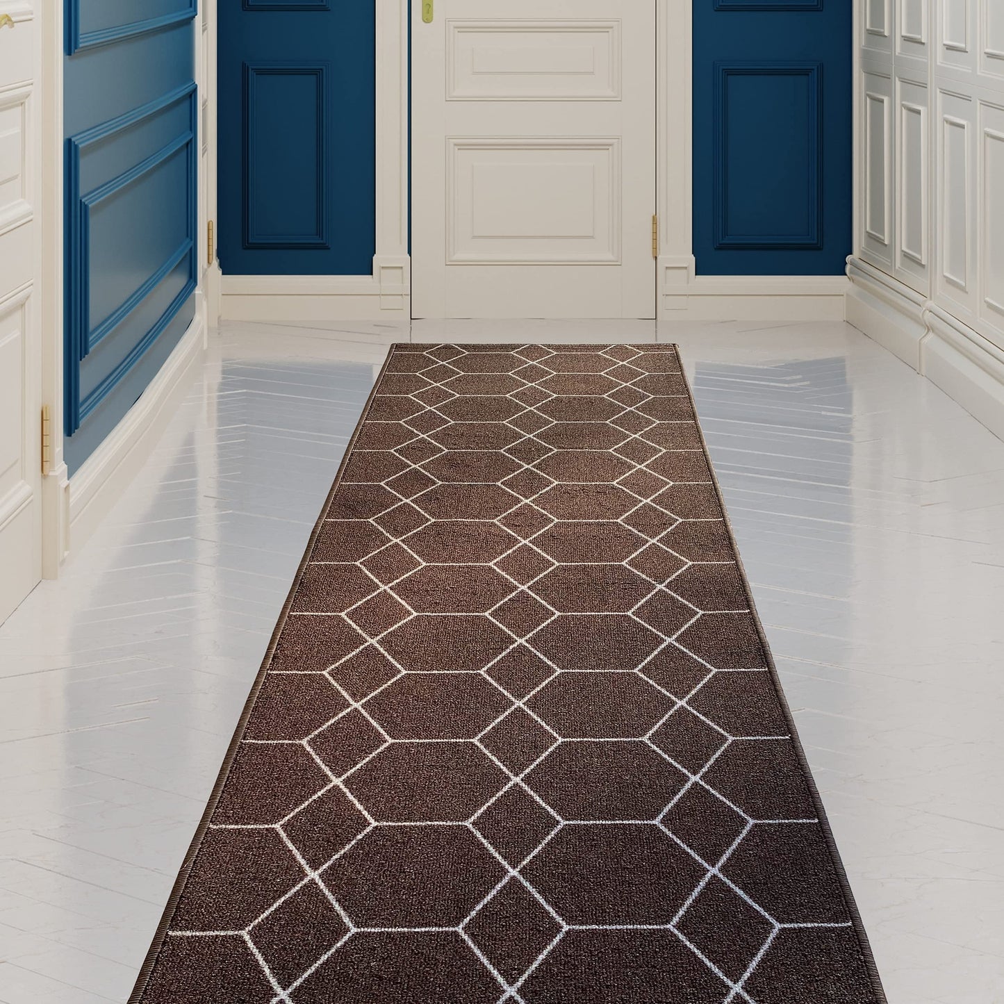 Custom Made Runner Rug for Kitchen Foyer Hallway Entry Choose Your Length Size 26 Inch Wide Geometric Lattice Design Brown Color (15 feet x 26 inch)