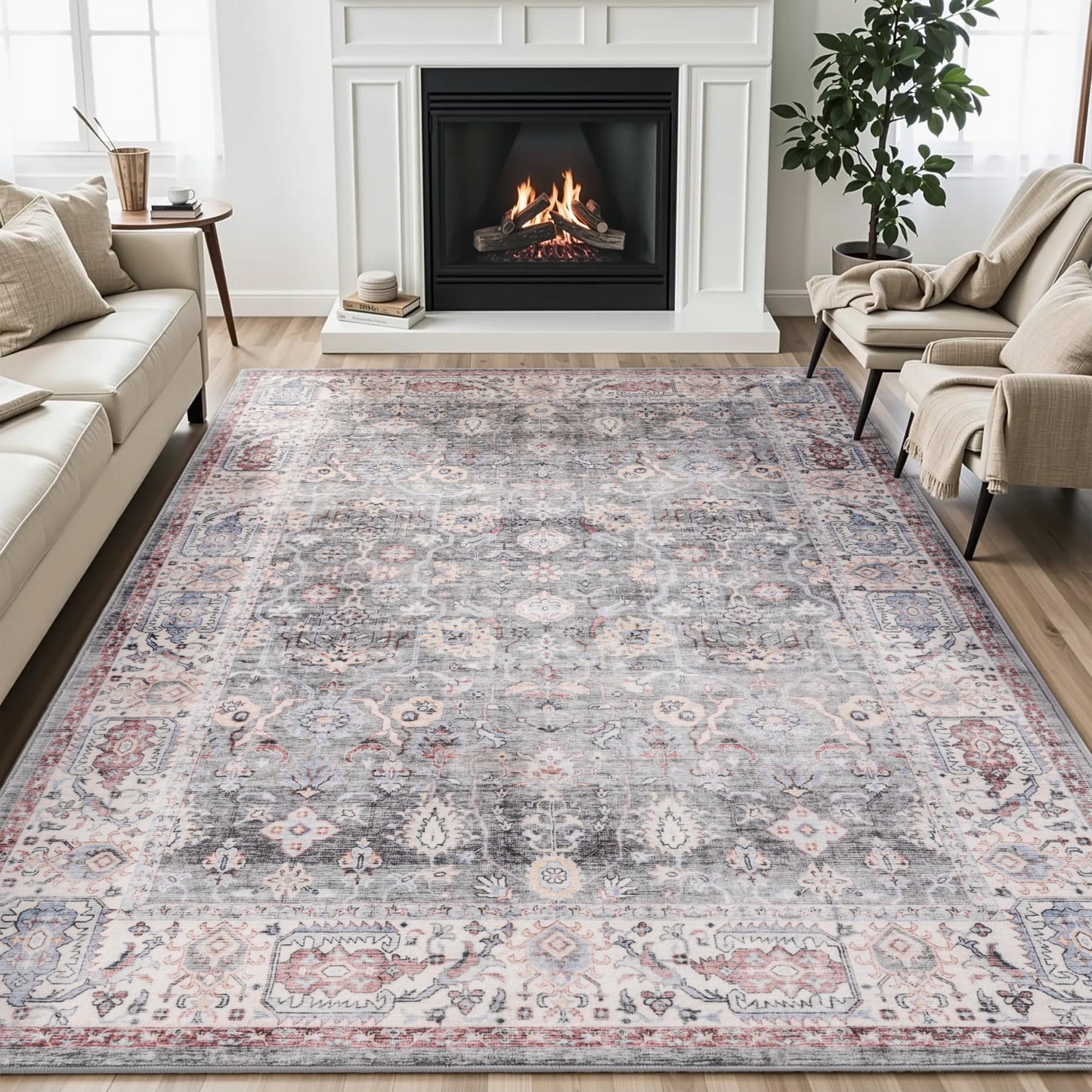Carvapet 5x7 Area Rug - Gray Pink Vintage Floral Traditional Rectangular Carpet Low Pile, Non Slip Rubber Backing Machine Washable Rugs for Living Room Bedroom