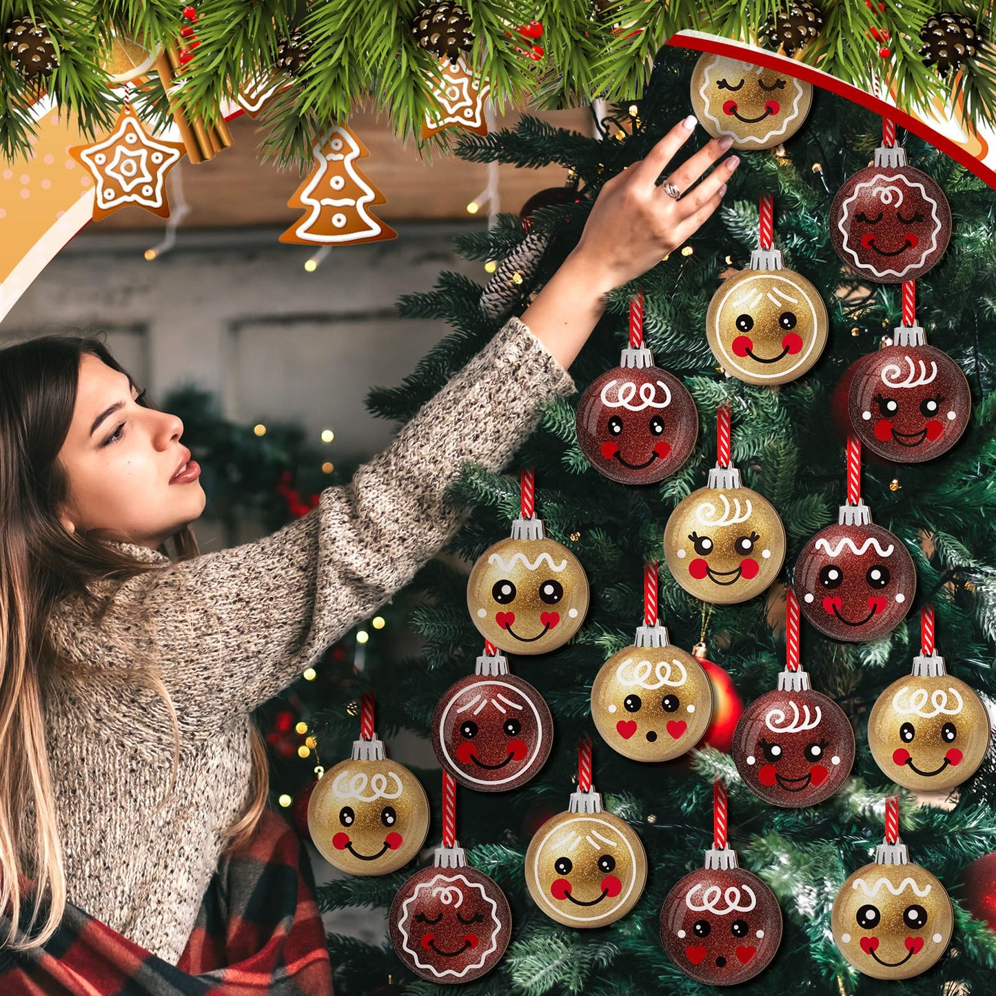 Wonderjune 36 Pcs Christmas Gingerbread Face Ornaments Wooden Gingerbread Tree Decoration Glitter Red Gold Christmas Hanging Ornaments Smile Wood Hanging Pendants for Xmas Tree Party Holiday Decor