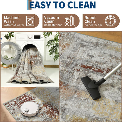 Living Room Rug 7x10 Beige Area Rugs Machine Washable Abstract Boho Large Rug Non-Slip Non-Shedding Faux Wool Indoor Vintage Carpet for Bedroom, Classroom, Dining Room, Kids Playroom