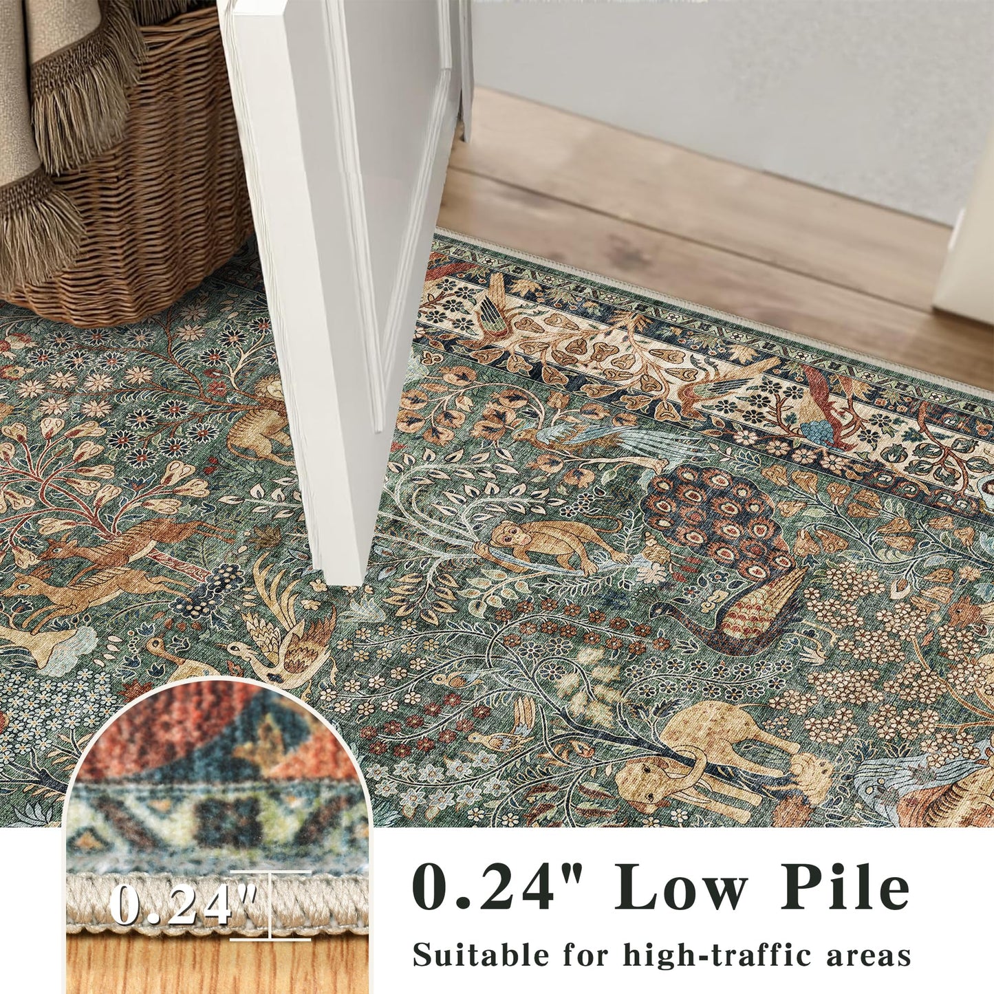 NakedCloud 2x3 Indoor Door Mat, Trees and Animals Print Rug Non-Slip Washable Low Pile Soft Floor Mat for Front Door Entryway Kitchen Bedroom, Green