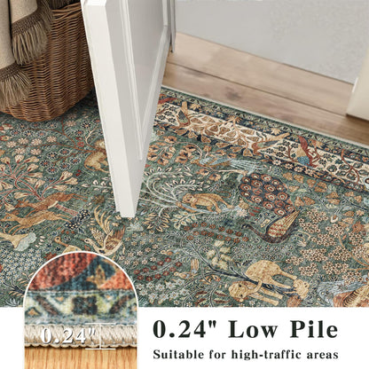 8x10 Green Boho Area Rug, Vintage Jungle Animal Print Large Washable Rug, Non Slip Low Pile Stain Resistant Carpet, Large Floor Rug for Living Room Farmhouse Dining Room Kids Playroom