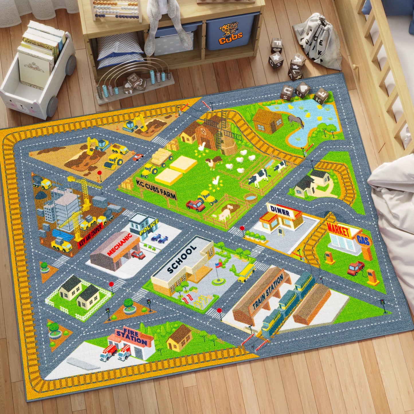 KC Cubs 5x7 Country Farm Construction Car Road Street Rug – Educational Carpet Play Mat for Kids, Toddlers, Nursery, Classroom, Playroom, Baby Daycare