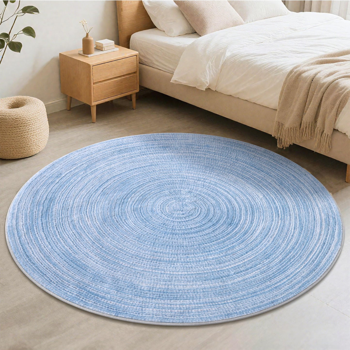 Carvapet Faux Jute Round Rug 5ft – Blue Jute-Like Pattern Design Washable Low Pile Area Rug with Non-Slip Rubber Backing, Soft Circle Carpet for Living Room Bedroom Nursery Bathroom