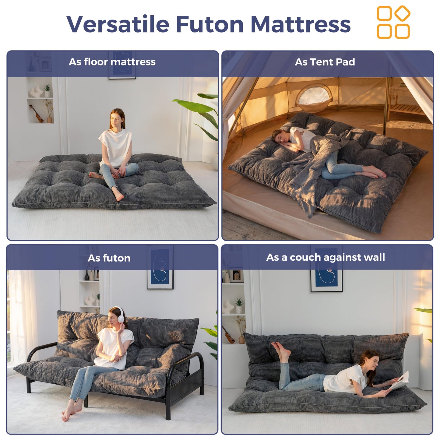 MAXYOYO 6" Japanese Floor Mattress, Foldable Futon Mattress Full Size, Tufted Roll Up Floor Couch, Thick Tatami Mat Sleeping Pad Portable Lounger for Camping Guest Room Dormitory RV, Dark Grey