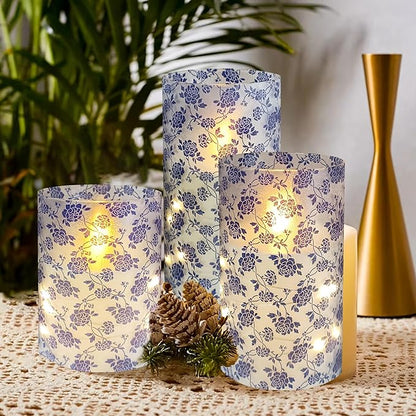 Flickering Flameless Candles Vintage Blue Floral Print, Embedded Star String Lights, Battery Operated Acrylic LED Pillar Candles with 11-Key Remote and Timer for Home Decoration, 3 Pack
