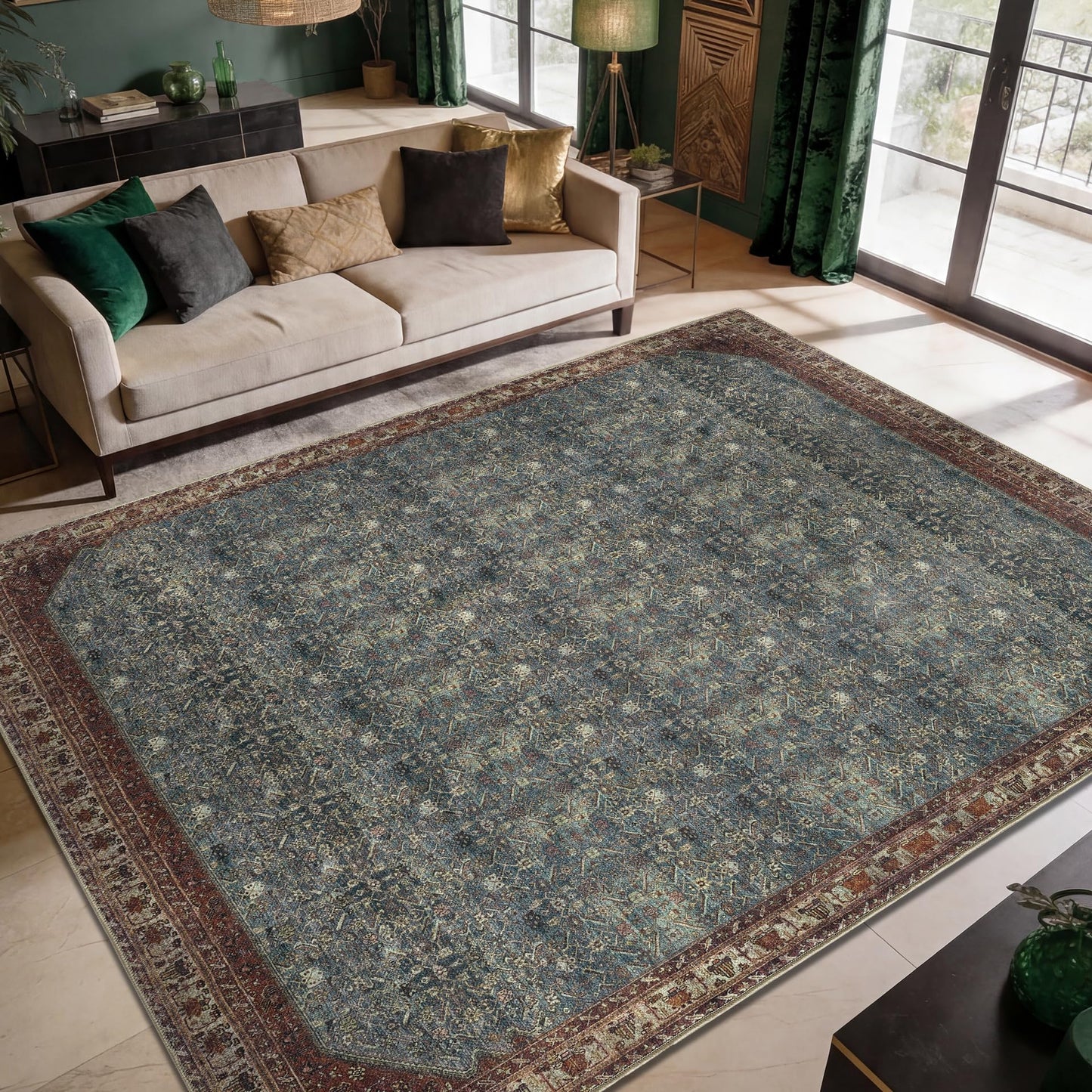 Keen Home Design 6x9 Rug - Machine Washable Area Rug with Non-Slip Backing, Ideal for Living Room, Dining Room, Bedroom - Vintage, Easy Clean, Durable, Low Pile Rug - (6' x 9')
