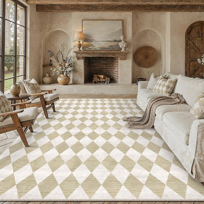 WondRg 8x10 Checkered Beige Area Rug for Living Room Bedroom Washable Soft Modern Non Slip Large Throw Rug Lightweight Low Pile Neutral Carpet Dining Room Office Classroom Nursery Playroom