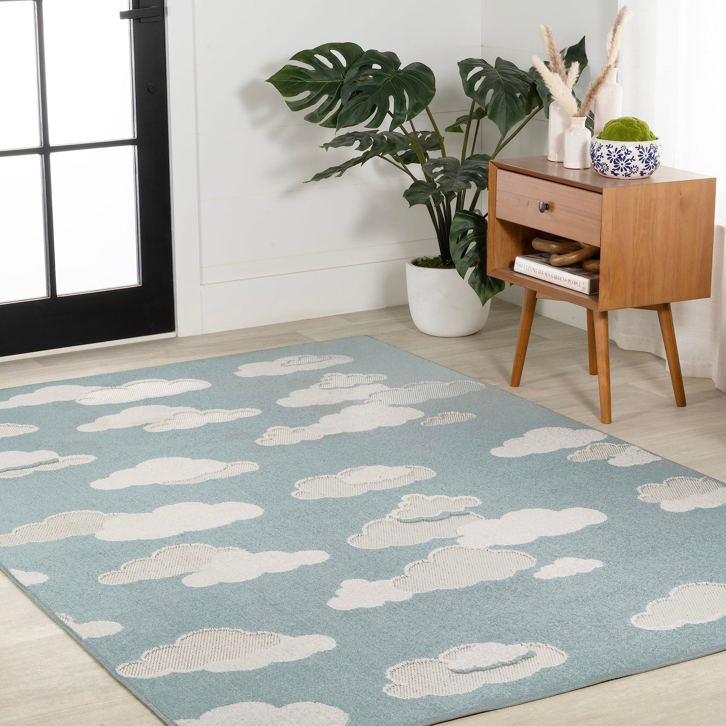 Eyely High-Low Cloud Scandi Area Rug 4 X 6 Blue/Ivory, Indoor Outdoor Rug