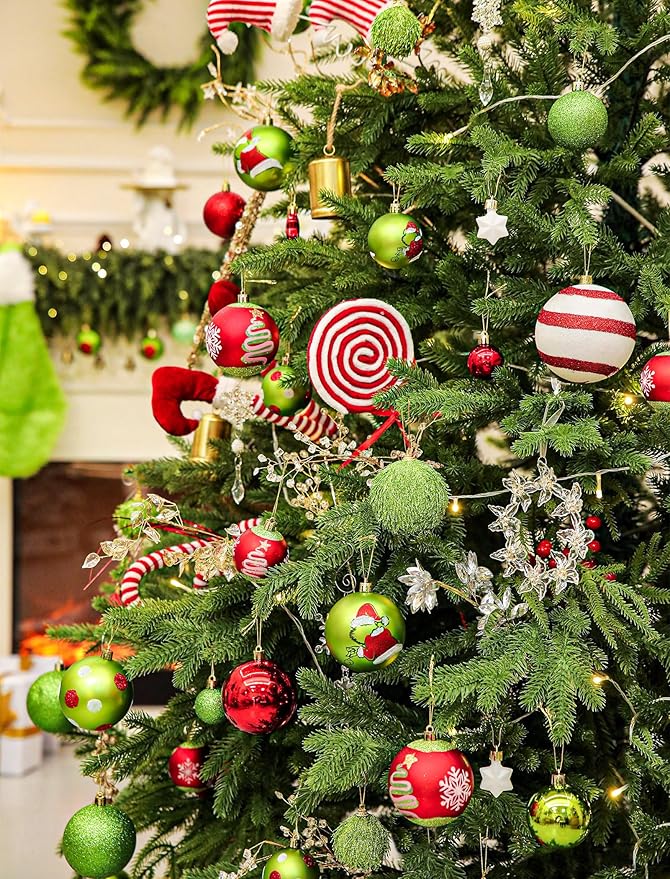 34 Pcs Christmas Ball Ornaments, Lime Green, Red and White Christmas Tree Decorations Set, Shatterproof Hanging Xmas Ornaments for Office Holiday Home with 7 Styles in 3 Sizes(Small Medium Large)