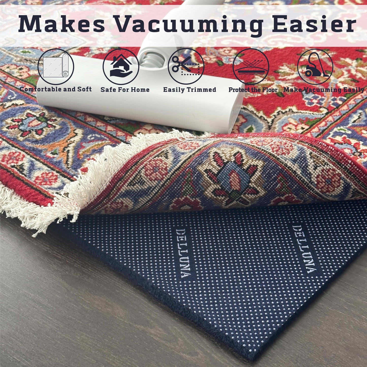 DELLUNA Non-Slip Area Rug Pad 1/8" Thick Double Side Rubber + Felt, 4'x6' Premium Deluxe Cushioned- Safe for All Floors, Adds Comfort and Protection, Ultra Strong Grip, Stop Rug from Moving.