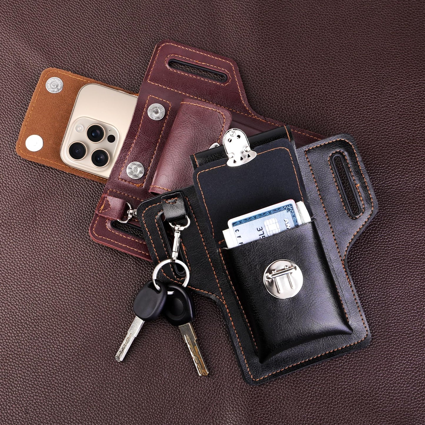 Leather Phone Holster for iPhone 17/16/15/14/13/12/their Pro & Pro Max, Belt Clip Cell Phone Case for Galaxy S25/S24/S23, Multitool Magnetic Closure Belt Pouch, Fits All Phones up to 7" (Ebony)