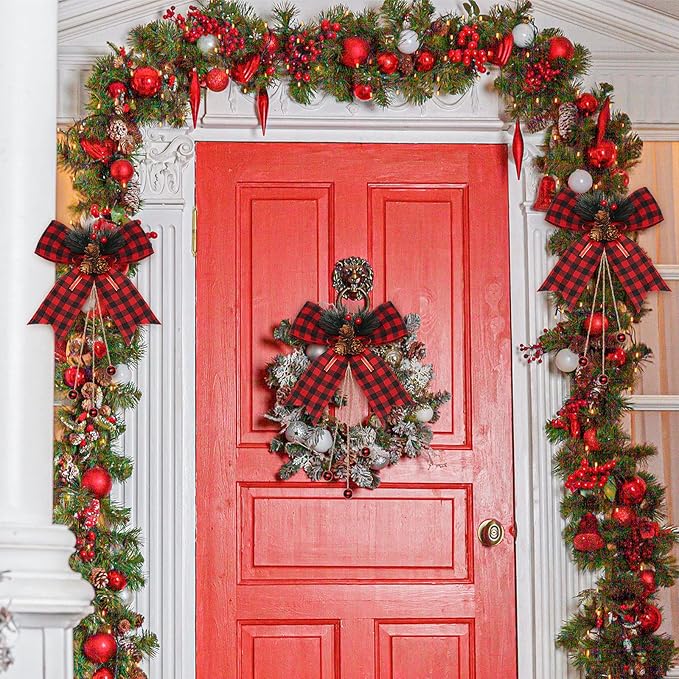 Xinnun 4 Pieces Christmas Buffalo Plaid Bows with Pine Cones Pine Needles Xmas Plaid Bow Ornament Christmas Tree Wreath Decoration for Holiday Parties DIY Crafts Home Decor (Red,Black)