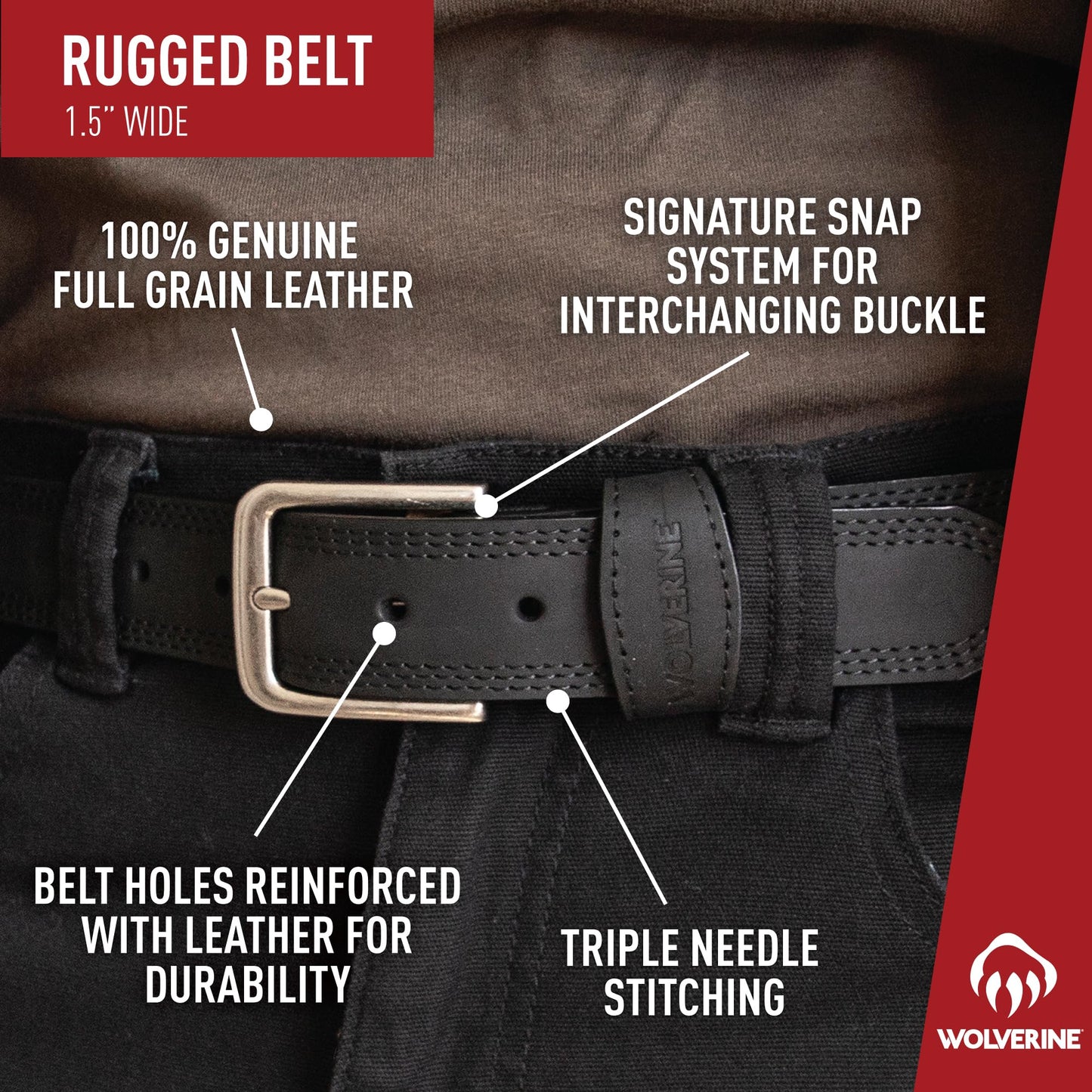 Wolverine Men Boot Leather Work Belt, Rugged-Brown, 40"