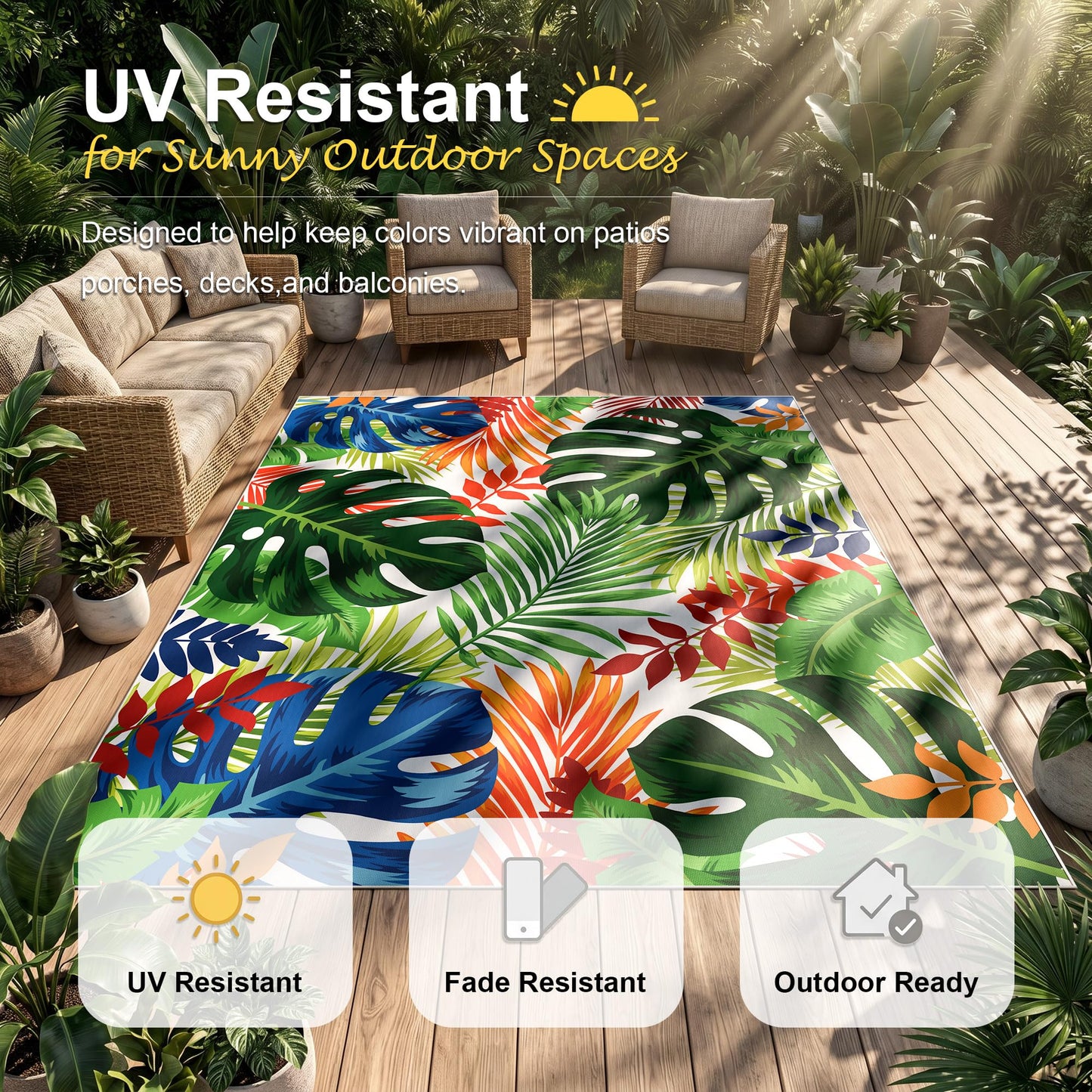 Arenarug 8x10 Monstera Tropical Outdoor Rug – Waterproof Non-Slip Machine Washable Patio Rug, UV & Stain Resistant Outdoor Carpet for Patio Deck Balcony Backyard, Colorful