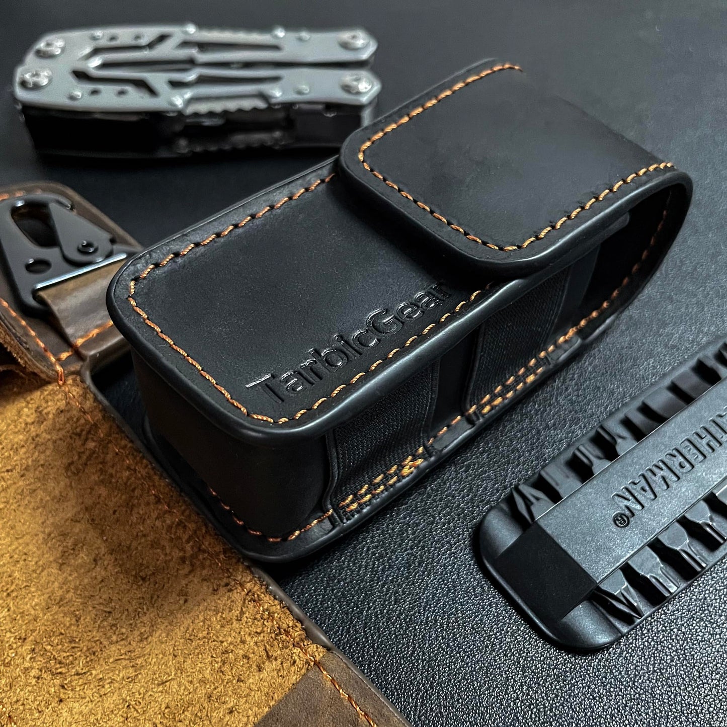TarbicGear Leather Multitool Sheath for Belt, Multitool Holster with Belt Clip for Men, Pocket Organizer for Work, Fits for Leatherman, SOG, Gerber Tools, Dark Brown, Large