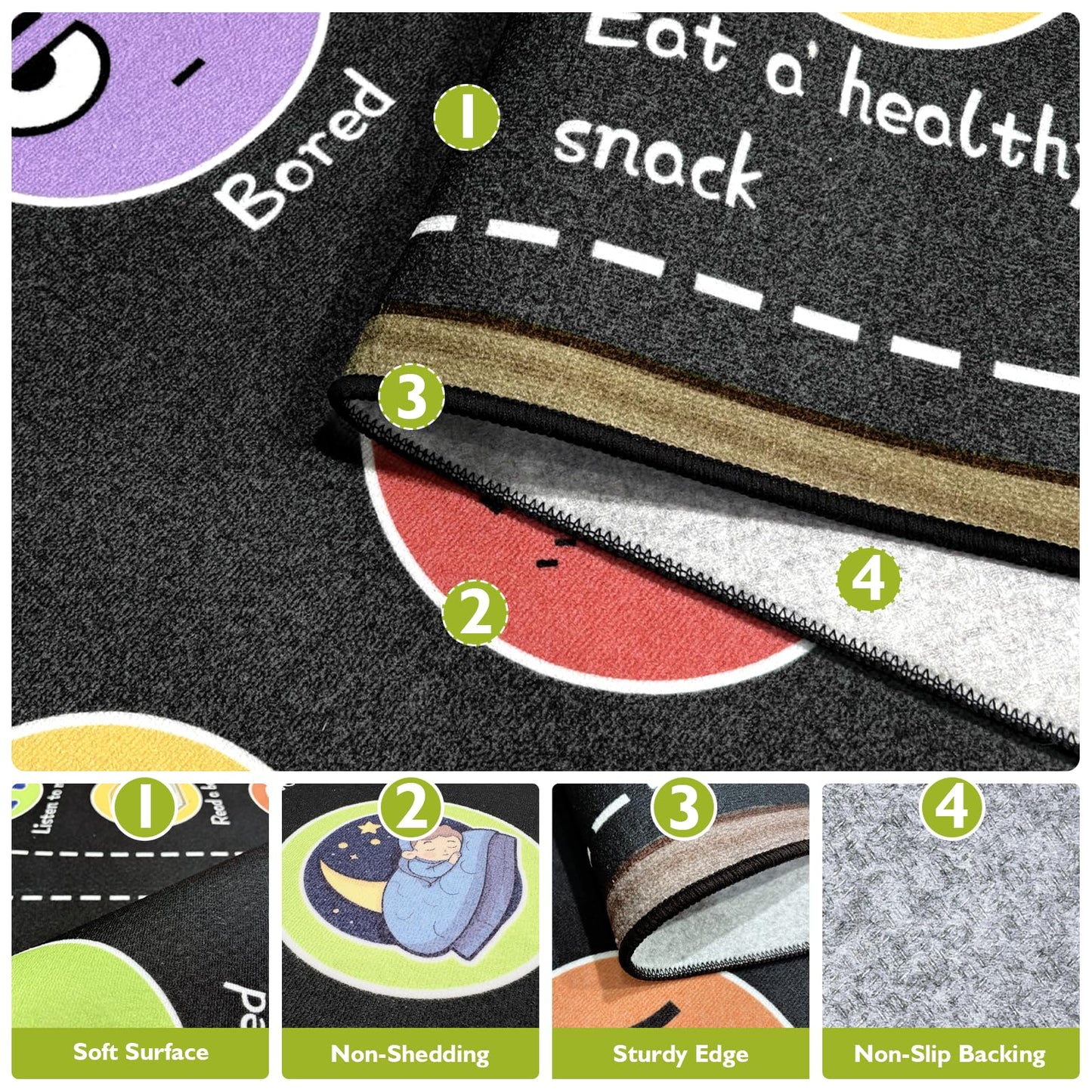 Classroom Rug Elementary 5x7 ft, Calming Corner Rug for Classroom Daycare Preschool, Educational Sensory Emotion Feelings Carpet, Smiley Face Kids Play Mat for Playroom, Non-Slip Washable(Black)