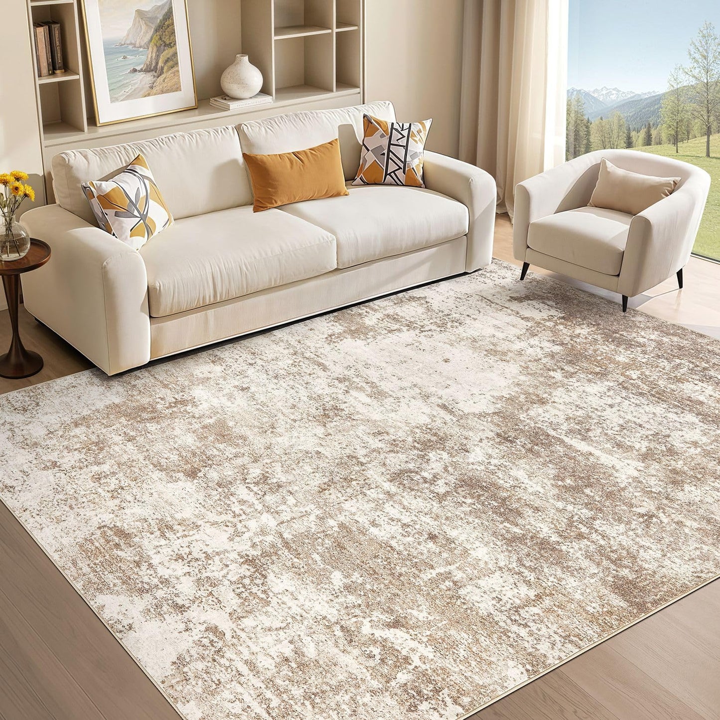 Micgeek Area Rug Living Room - 5X7 Abstract Washable Large Soft Foldable Non Slip Rug Neutral Modern Low Pile Carpet for Bedroom Nursery Dining Room Kitchen Home Office Indoor - Brown