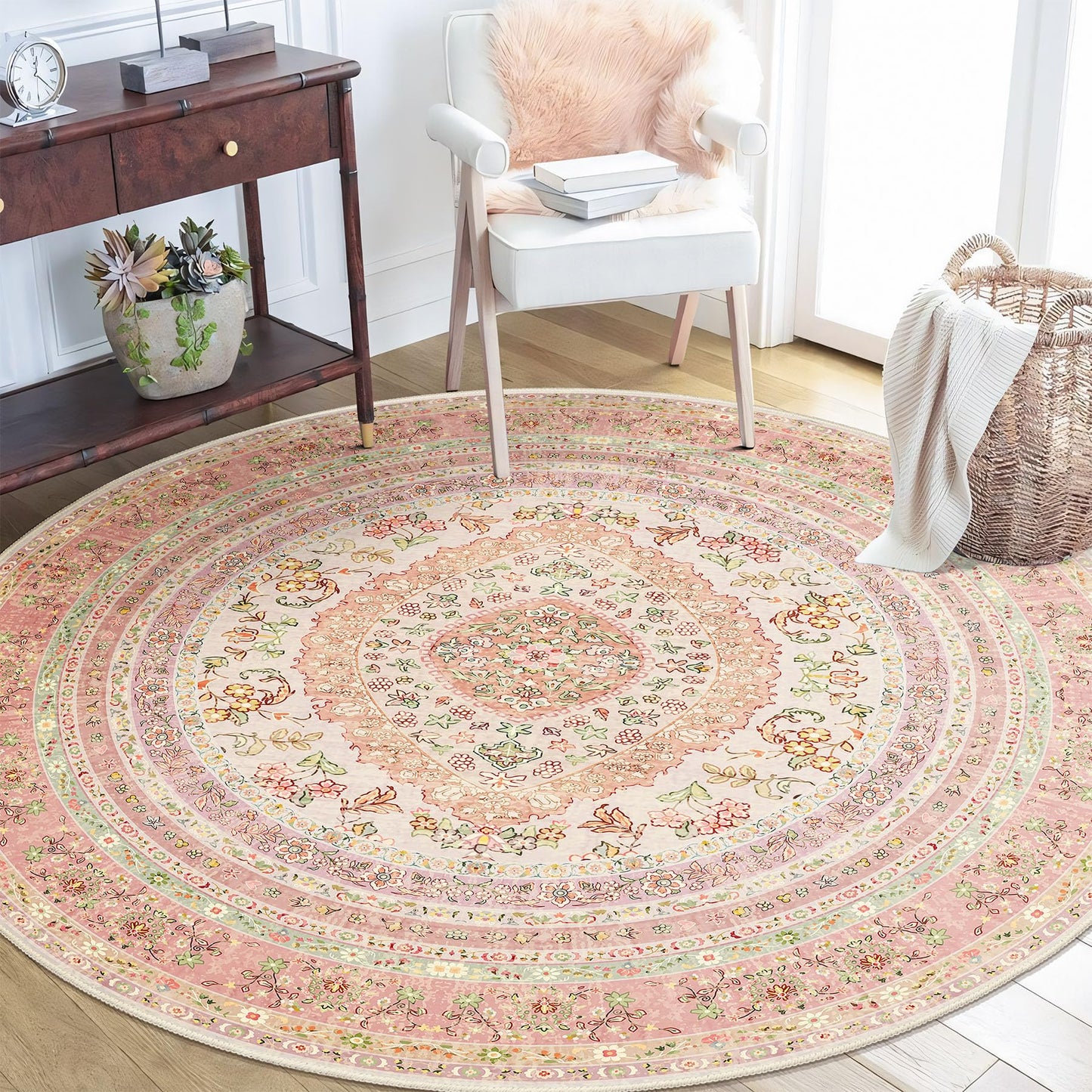 Castage Round Area Rugs 5ft Washable,Pink Rug for Living Room Bedroom