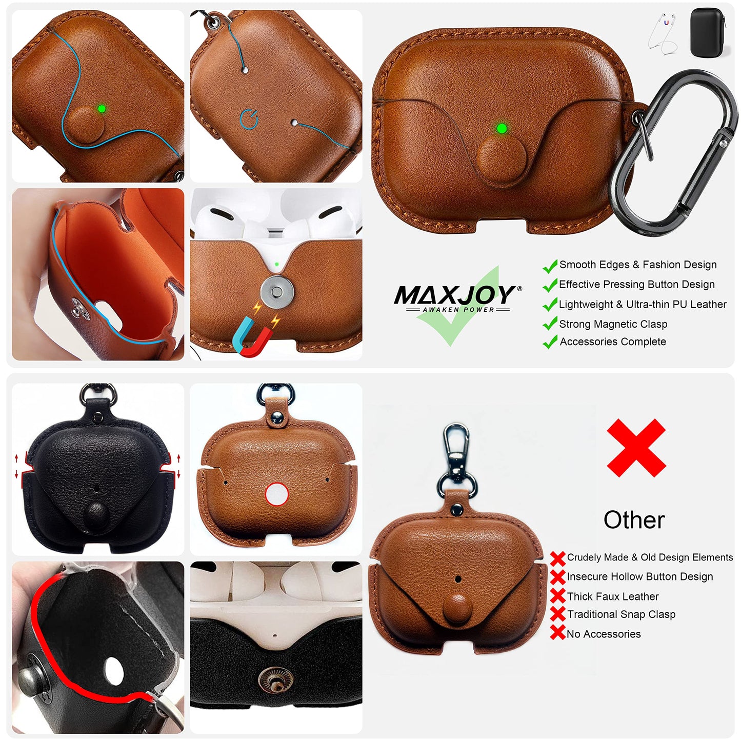 Maxjoy for AirPods Pro 2 Case Leather, Airpods Pro Leather Case Cover with Keychain Airpod Strap Compatible with Apple Airpod Pros 2nd Generation 2023 2022/AirPods Pros 2019 (Front LED Visible), Brown