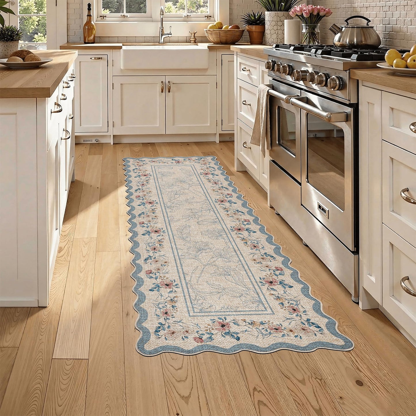 ORTIGIA Scalloped Easy Jute Runner Rug 2x6 ft Farmhouse Blue Floral Washable Kitchen Rug Non-Slip Low-Pile Indoor Outdoor Carpet for Bedroom Dining Entryway Hallway Patio Laundry Room