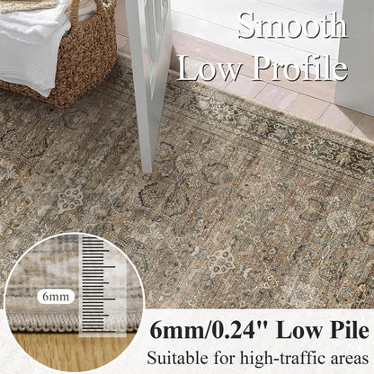 Schweek 8x10 Washable Area Rug Brown Neutral Vintage Distressed Rugs Large Non-Slip Living Room Area Rugs, Soft Low Pile Carpet Indoor Mat Throw Rug for Bedroom Dining Room Office Nursery