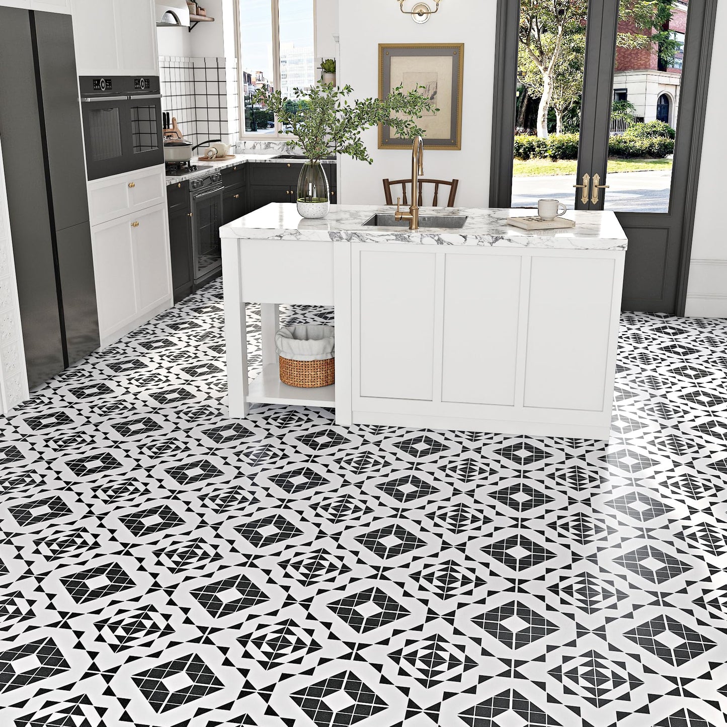 LaCheery 12x177 Vinyl Flooring Roll Waterproof Black and White Floor Tiles Peel and Stick Waterproof Bathroom Floor Tile Peel and Stick Flooring Tiles Renter Friendly Tile Stickers for Kitchen Garage
