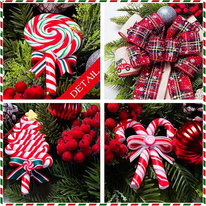 Christmas Wreaths for Front Door, 20 Inch Lighted Artificial Christmas Door Wreath with Candy Lollipops Ball Bow, Holiday Decorations for Home Decor