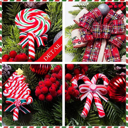 Christmas Wreaths for Front Door, 20 Inch Lighted Artificial Christmas Door Wreath with Candy Lollipops Ball Bow, Holiday Decorations for Home Decor