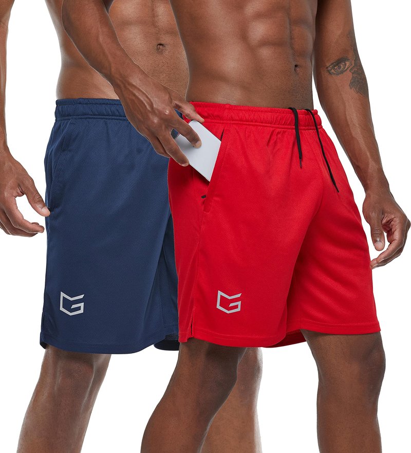 G Gradual Men's 2 Pack 7" Workout Running Shorts Quick Dry Lightweight Gym Shorts with Zip Pockets (2 Pack: Navy Blue/Red X-Large)