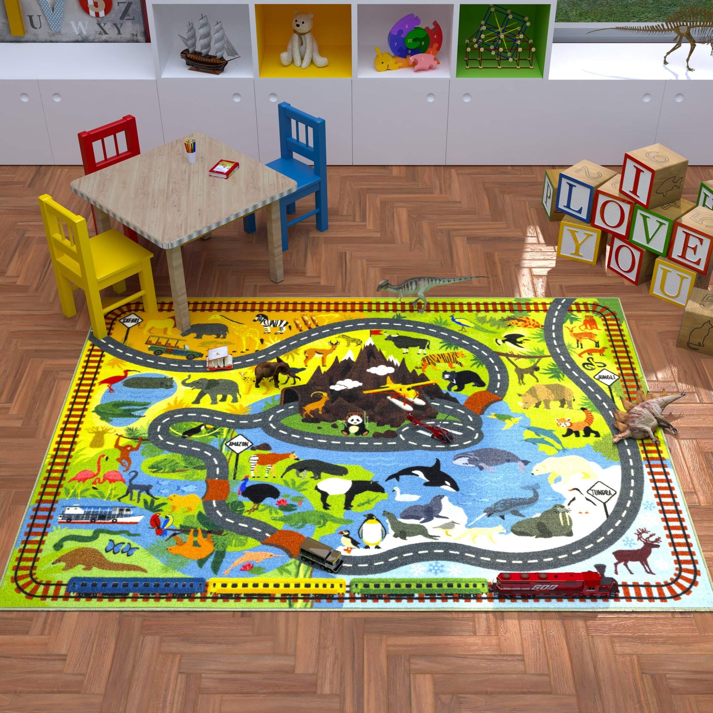 KC Cubs: Educational Rug: Animal Safari Road Map - 8x10' Playmat -Interactive Toy Car Route, Activity Area Carpet, Bedroom-Classroom, Baby-Toddler-Kid