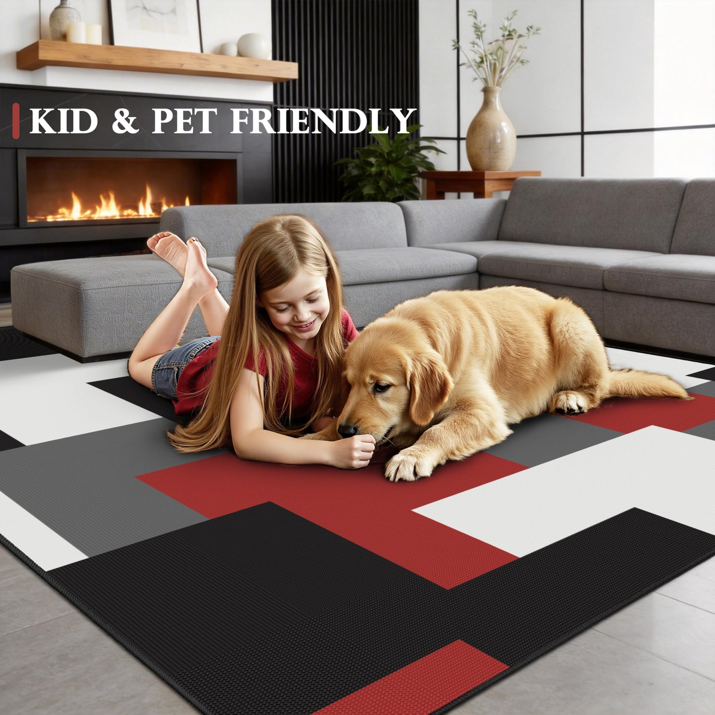Tyrot Modern Geometric 8x10 Area Rugs for Living Room Ultra Thin Linen-Look Abstract Indoor Rug Non Slip & Non-Shedding Washable Red Grey White Rug for Bedroom, Dining Room Home Office