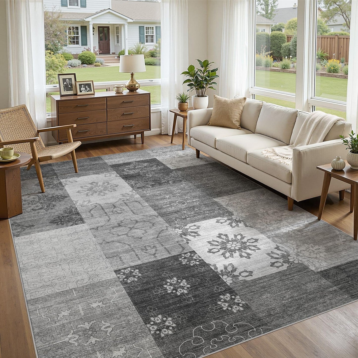 UERMEI 8x10 Area Rug Washable, Gray Modern Geometric Rugs for Living Room, Non-Slip Patchwork Carpet, Stain Resistant Low-Pile Foldable Rug for Bedroom Dining Room