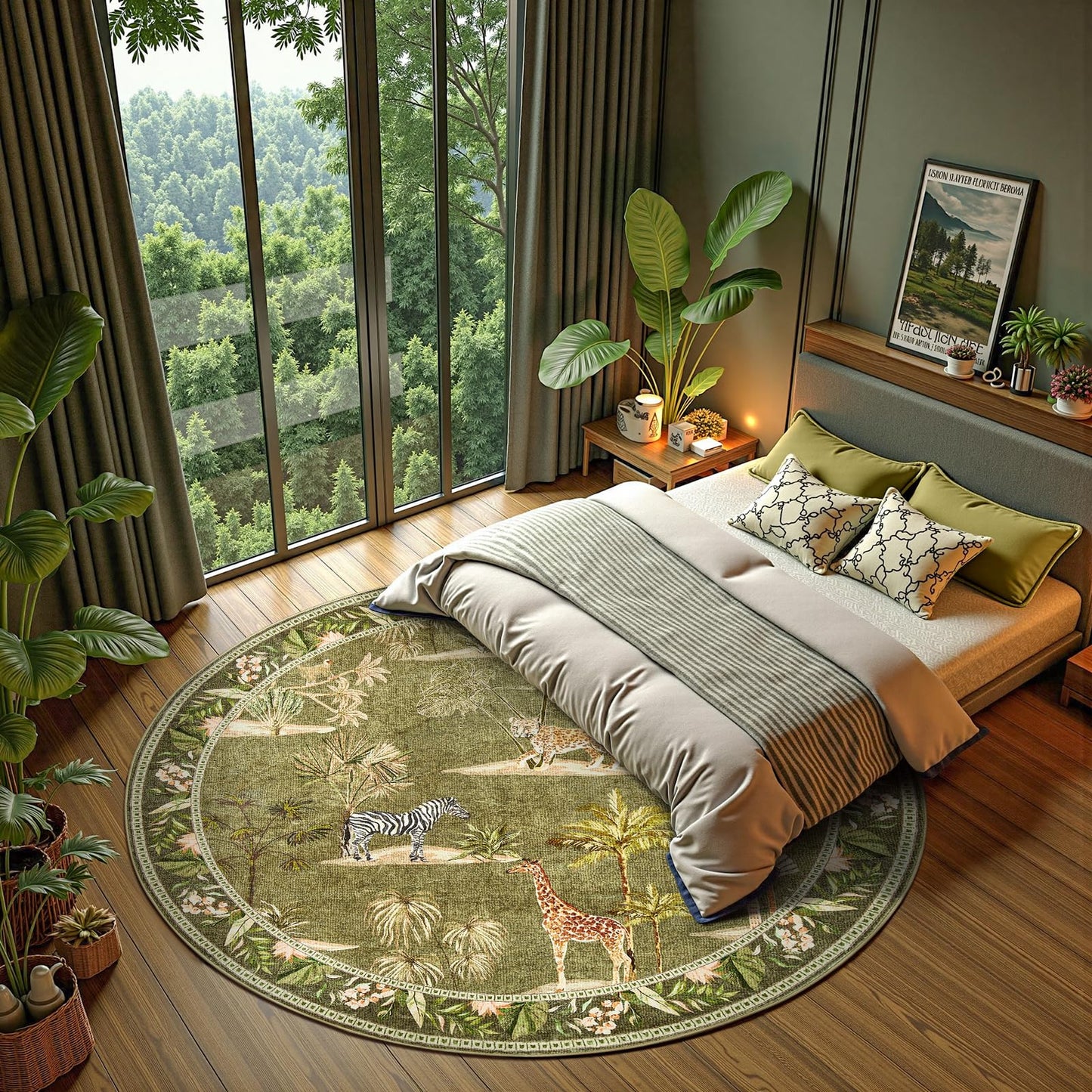 jinchan Round Rug 7ft Green Jungle Animals Print Living Room, Machine Washable 7' Circle Modern Soft Non-Slip Forest Plant Kids Room Throw Area Rug, Low Pile Carpet for Dining Room Bedroom