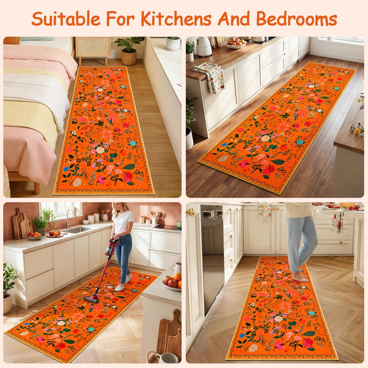ISEAU Floral Kitchen Rugs 2x6, Washable Boho Flower Area Rug, Non-Slip Low-Pile Carpet with TPE Backing for Bedroom, Kid Friendly Flower Rug for Hallway Nursery Runner Laundry Dining Room, Orange