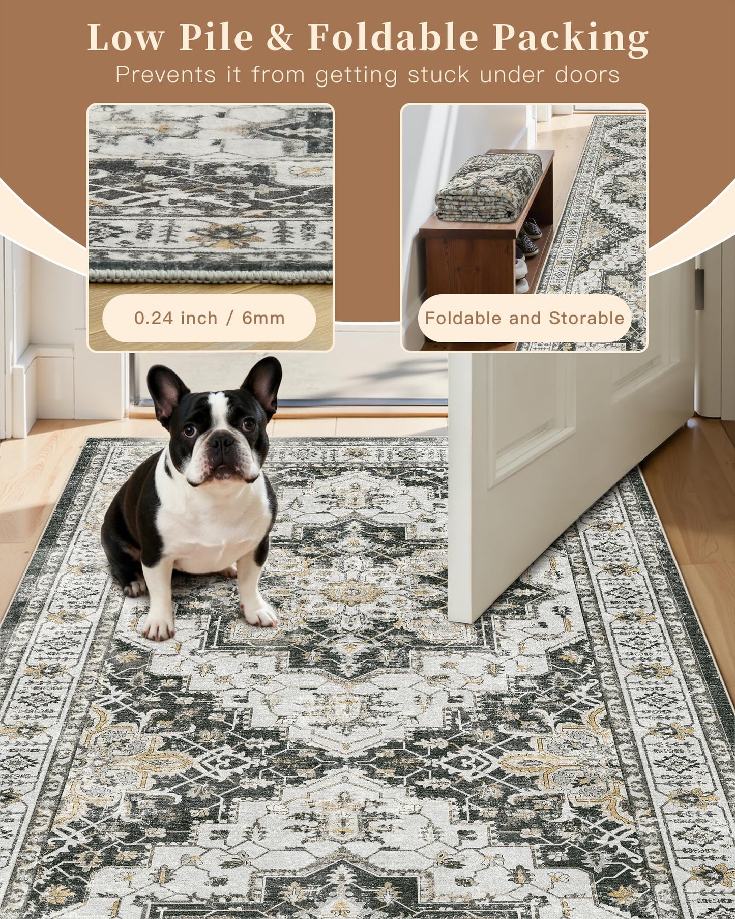 Madane Runner Rug 2x8, Washable Hallway Runner Rugs, Non-Slip Low-Pile Soft Kitchen Rug Runner Laundry Room Rug, Vintage Throw Entry Foyer Mat for Entrance Living Room (Black, 2 x 8)