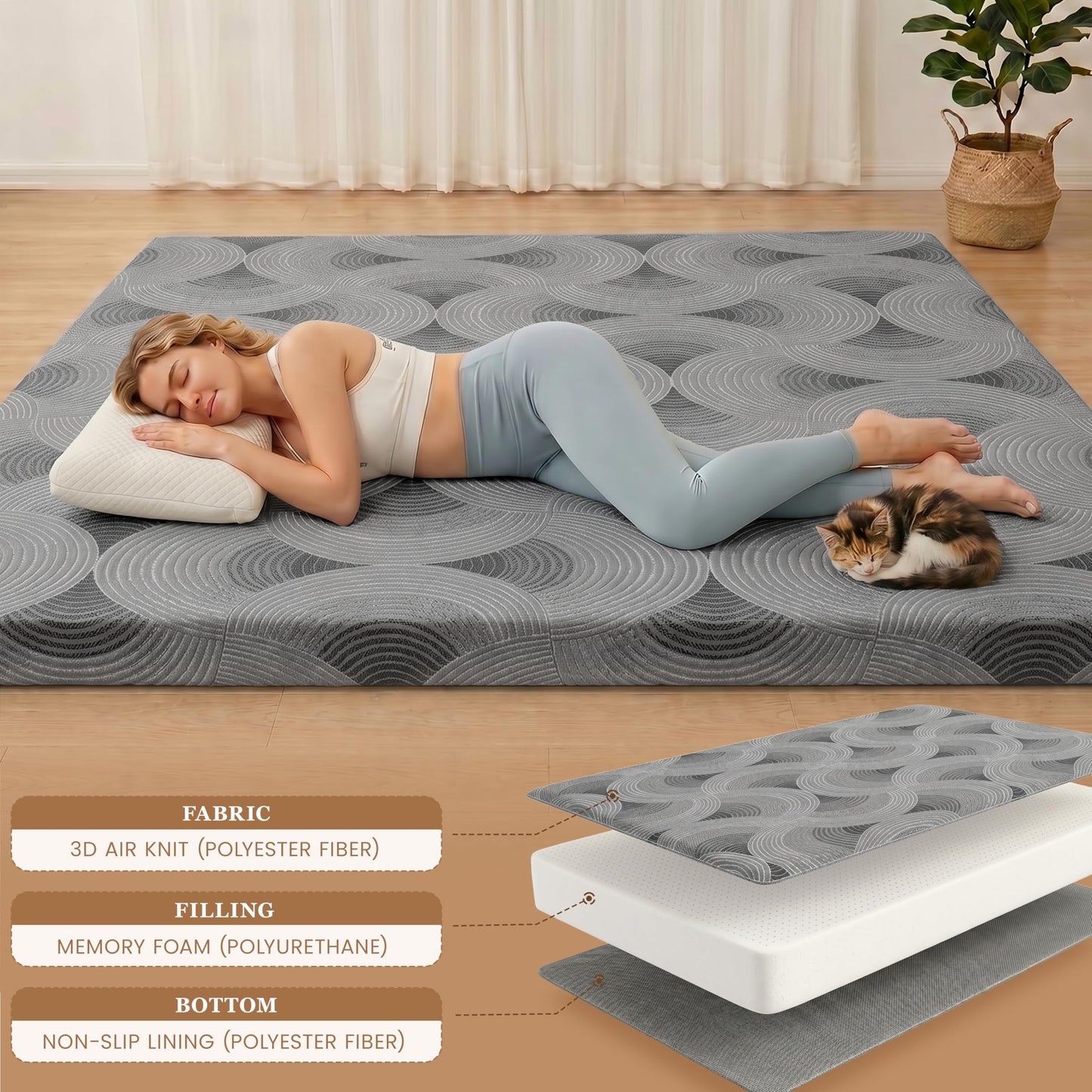 Castage Japanese Floor Mattress, 3.5" Thicken Futon Mattress Tatami Mat with Non-Slip Bottom,Removable Washable Cover,Foldable Mattress Tatami Mat Sleeping Pad，Grey Geometric，Queen(80''x60'')