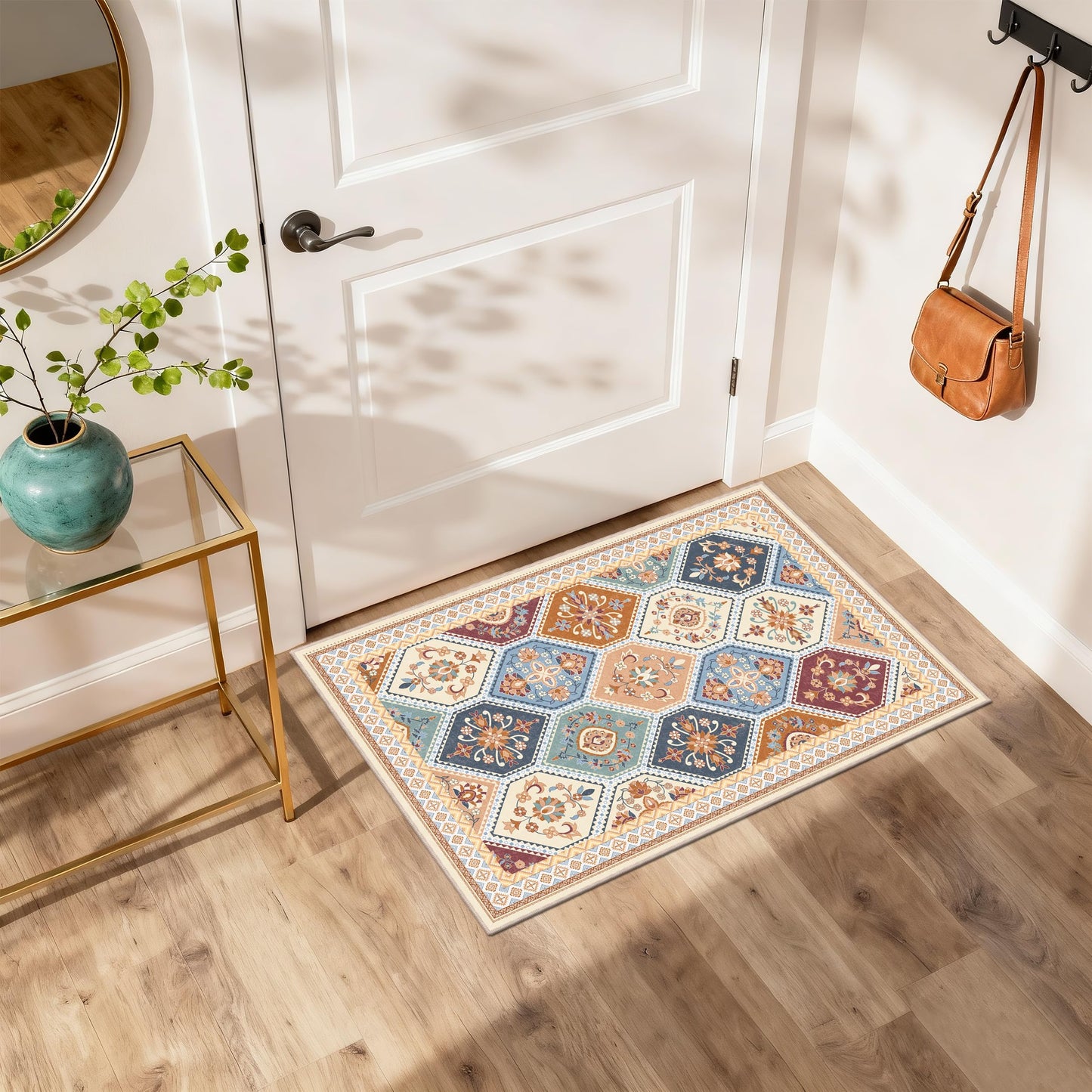 TTelephant 2x3 Washable Entryway Rugs, Soft Non-Slip Boho Moroccan Rug, Low-Pile Printed Indoor Throw Rugs for Entrance, Kitchen, Bedroom Bedside- Multi