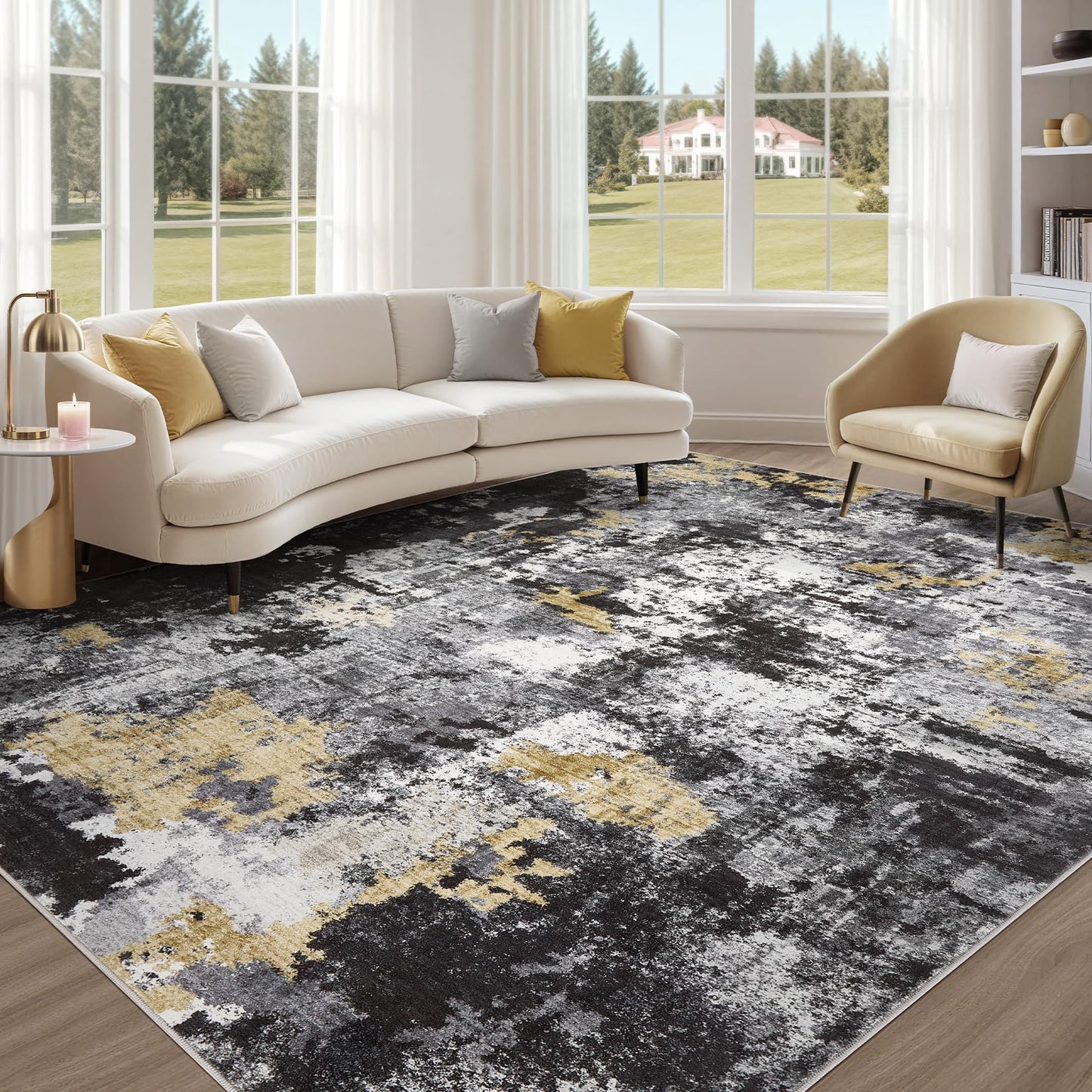 TARANCH Abstract 11x14 Area Rug: Machine Washable Non Slip Ultra Thin Low-Pile Carpet, Soft Stain Resistant for Living Dining Room Bedroom, Kid Pet Friendly, Robot Vacuum Compatible - Black Gold