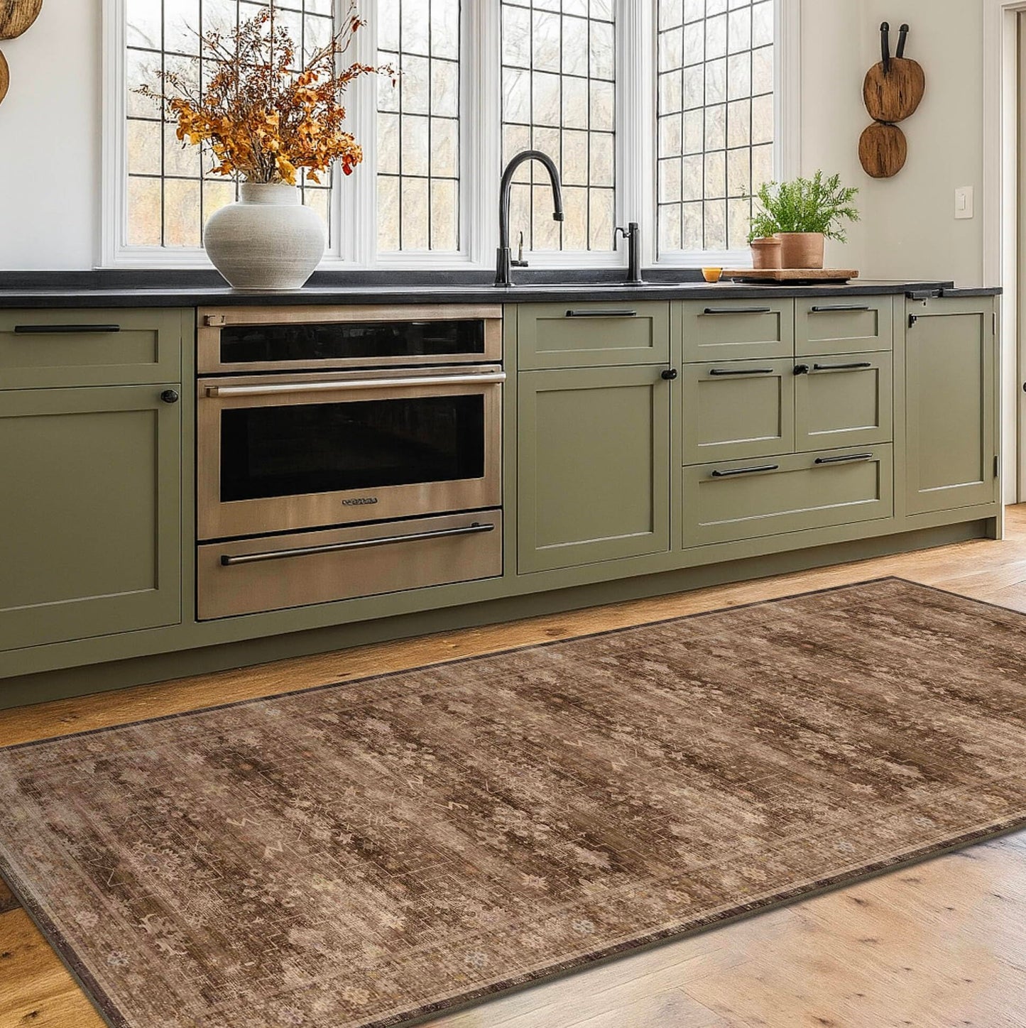 Brown Boho Washable 2x6 Runner Rugs for Hallway Kitchen Bedroom Beside Laundry Room Bathroom Rug, Pet & Kids Friendly, Non Slip Low Pile Stain Resistant Soft Faux Wool Long 24 x 72 Floor Carpet