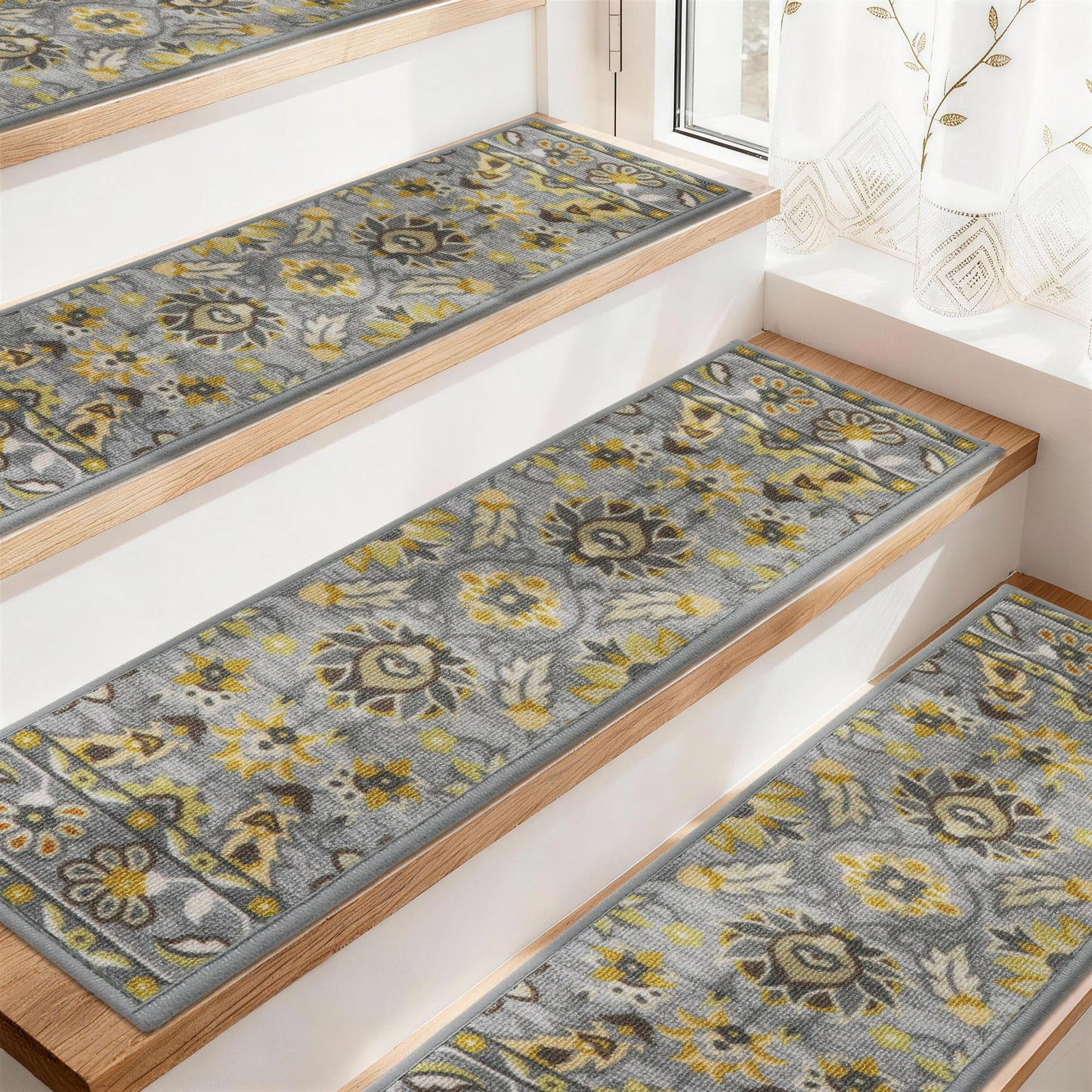 COSY HOMEER-Stair-Treads-for-Wooden-Steps Washable Indoor Stair Treads Non Slip 8" X 30" Soft Stair Carpet Treads Reusable Peel and Stick Stair Runner Rug for Kids, Elders and Pets 15pcs