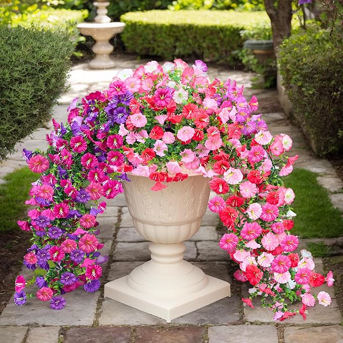 7 Color Mix Artificial Hanging Flowers for outdoor, 8 Pcs Fake Silk Petunias Plants Arrangement, for Spring Summer Outdoor Decoration, UV Resistant, Morning Glorias,for Home Garden Decor (PinkPurple)