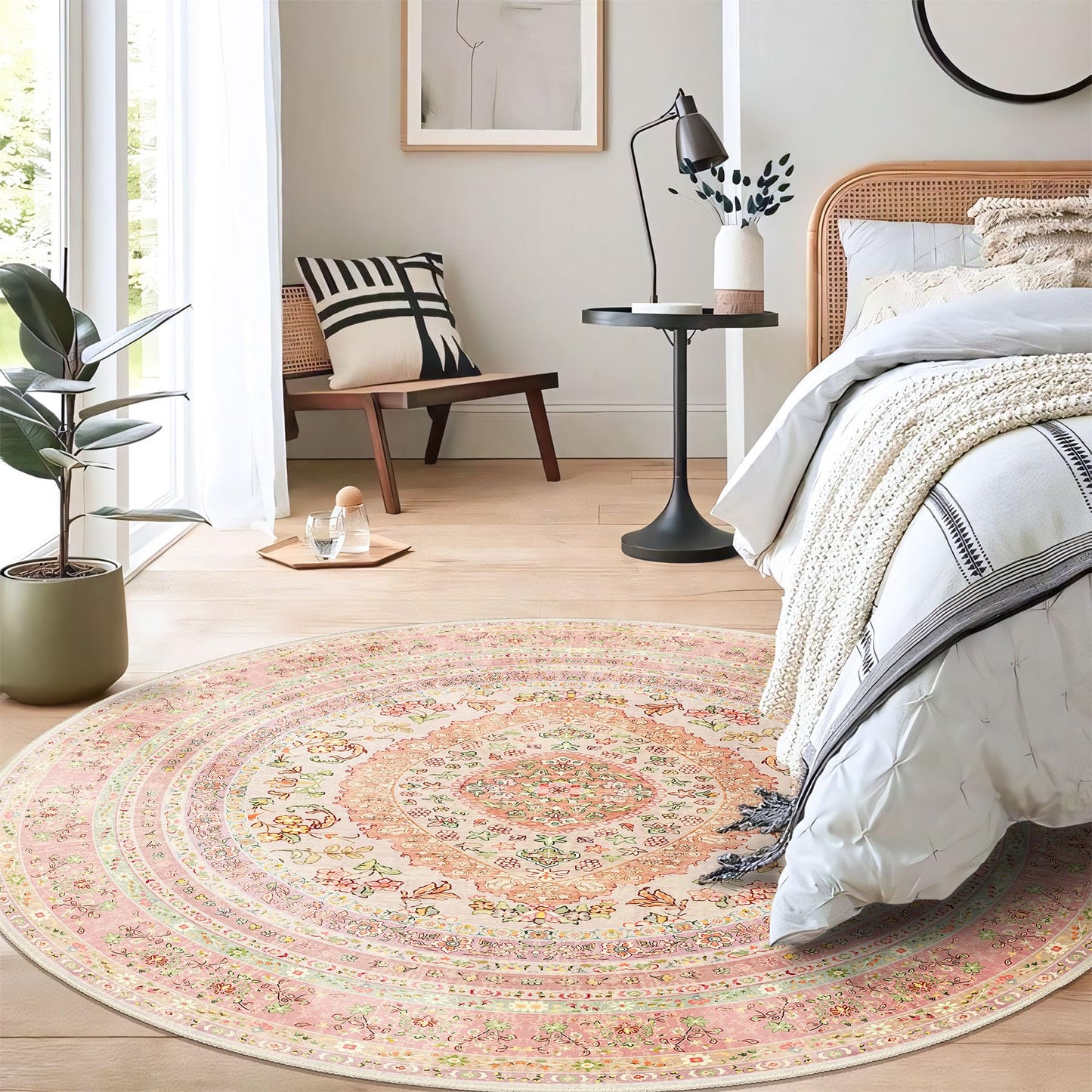 Castage Round Area Rugs 5ft Washable,Pink Rug for Living Room Bedroom