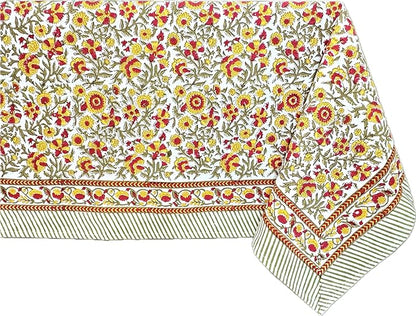 ATOSII Marigold 100% Cotton Spring Summer Tablecloth, Block Print Rectangle Table Cover for Dining, Parties, Weddings, Outdoors, Grand Millenial Decor 60 X 108 Inches I 8 Seater I