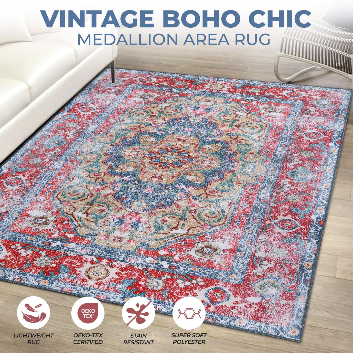 Superior Medallion Washable Rug, Cotton Backing, Carpet for Dining Table Mud Room, Easy Care, Non-Slip Rug for Entry, Living Room, Bedroom, Low Pile Area Rug, Tanager Collection, 10' x 14', Red