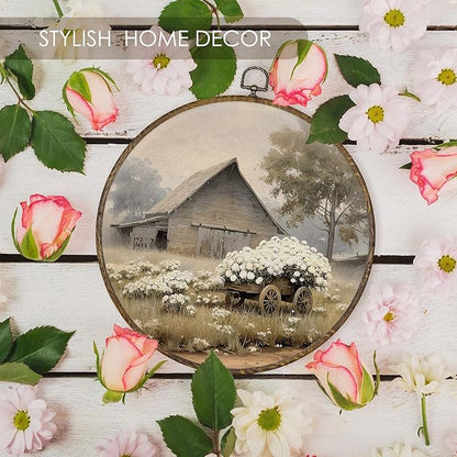 Fewgb Vintage Barn Farmhouse Round Wall Art Decor Framed for Kitchen Bedroom Living Room, Rustic Farm House Canvas Wall Art Prints Picture, Country Cottagecore Hanging Room Decor Artwork 10x10